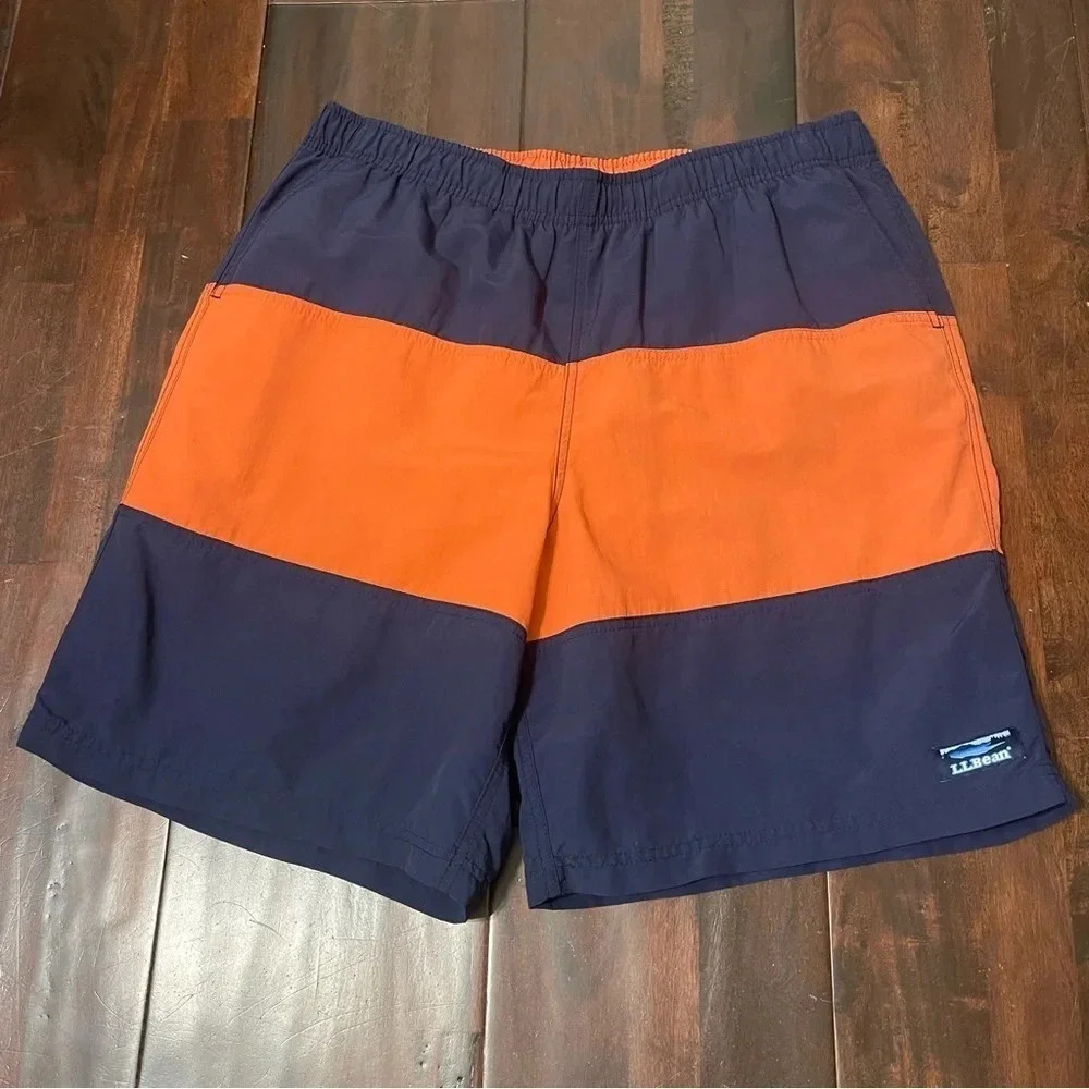 LL Bean Swimming Trunks Navy And Orange Striped Men’s Size Large Pockets Lined